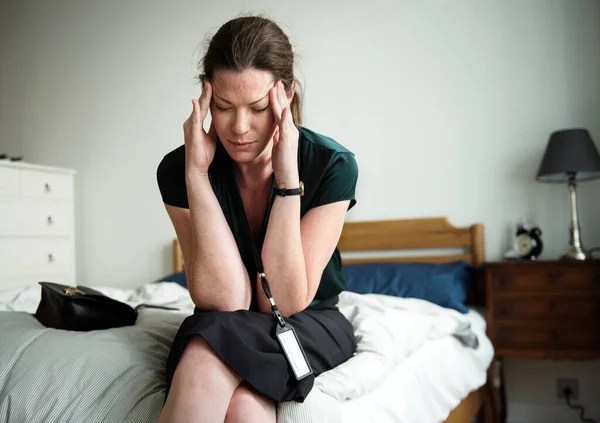 Stressful Woman Sitting Bed — Photo