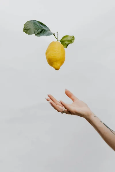 Tatuado Mão Jogando Limão Céu Cinza — Fotografia de Stock