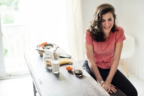 Mulher Comer Café Manhã Conceito Refeição — Fotografia de Stock