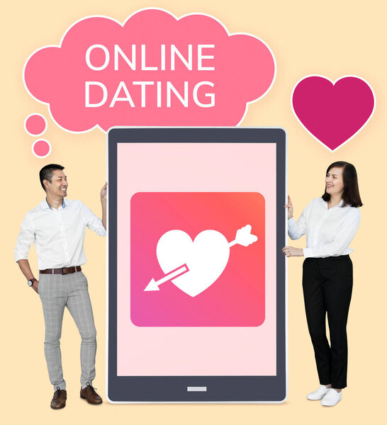 Cheerful Couple Showing Online Dating Tablet Royalty Free Stock Images