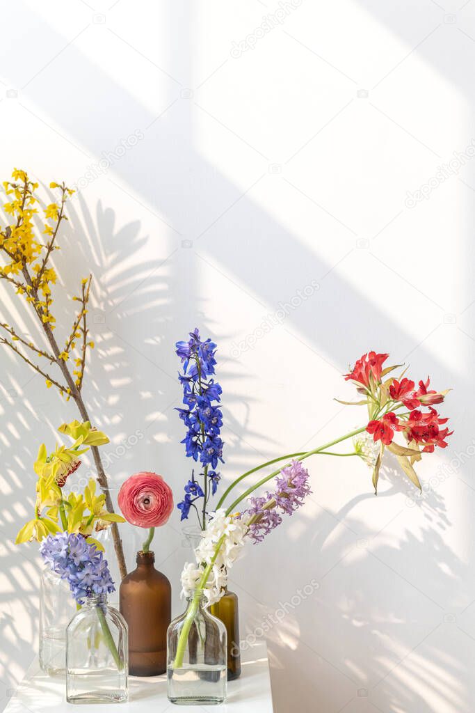 Flower vases on a white table
