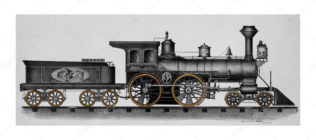 Gray railroad engine vintage illustration wall art print and poster design remix from original artwork.