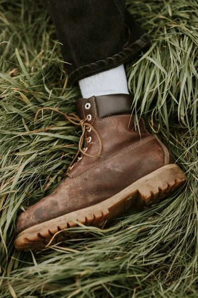 Homem Tornozelo Marrom Botas Couro Closeup — Fotografia de Stock