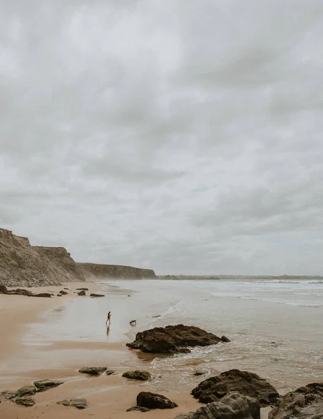 Жінка Собака Пляжі Теплий Похмурий День — стокове фото