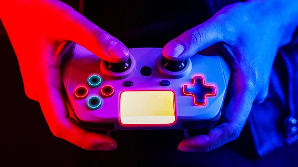 Giocare Mano Videogiochi Utilizzando Una Tecnologia Intrattenimento Console Gioco — Foto Stock