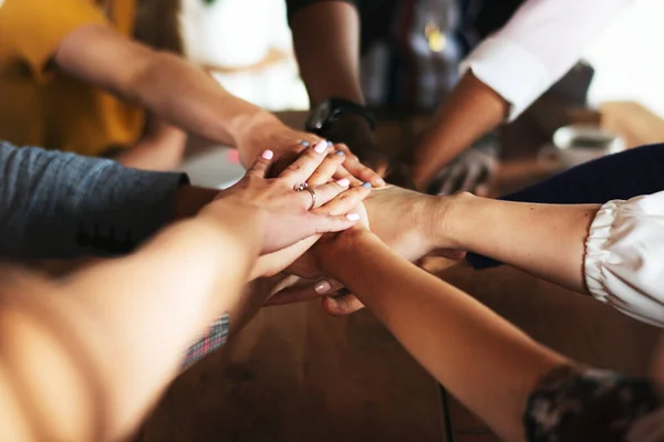 Hands Joined Wooden Table — Stock Photo, Image