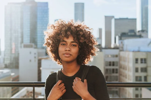 Girl Curly Hair Rooftop — Stock Photo, Image