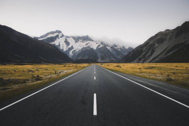 Yeni Zelanda 'daki Cook Dağı' na giden güzel bir yol manzarası.