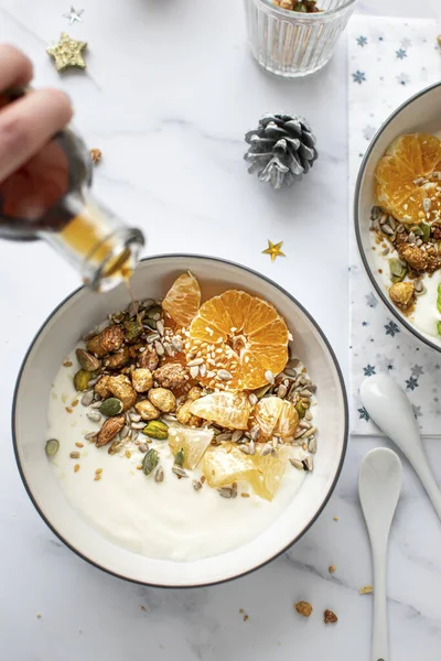 Citrus Yogurt Caramelized Nuts Menu — Stock Photo, Image