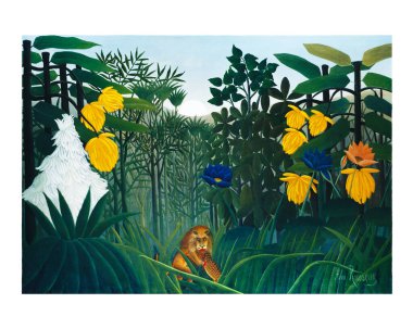 The Repast of the Lion vintage illustration wall print and poster design remix from original art work by Henri Rousseau..
