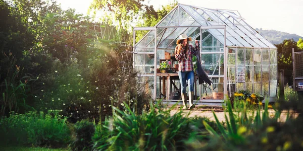 Young Woman Working Glass Greenhouse — 스톡 사진