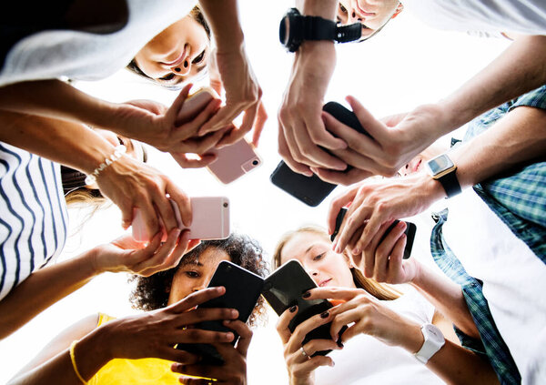 Young Adults Using Smartphones Circle Social Media Connection Concept Stock Picture