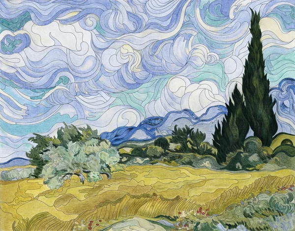 Wheat Field with Cypresses (1889-1890) by Vincent van Gogh : adult coloring page