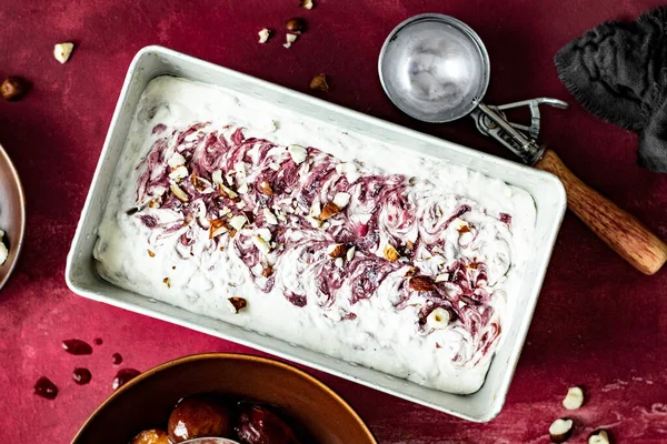 Homemade Roasted Plum Ice Cream Recipe Food Photography — Stock Photo, Image