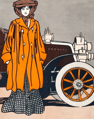 Edward Penfield 'ın sanat eserlerinden remikslenmiş bir otomobilin yanında duran kadın.