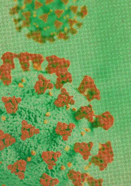 Yeşil arkaplan çiziminde mikroskop altında Coronavirus
