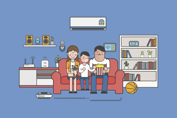 Εικονογράφηση Οικογένειας Που Παρακολουθεί Τηλεόραση Στο Σπίτι — Φωτογραφία Αρχείου