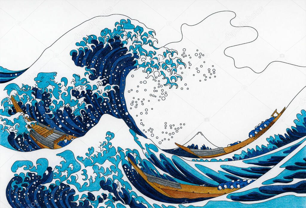 The Great Wave of Kanagawa (1829–1833) by Katsushika Hokusai: adult coloring page
