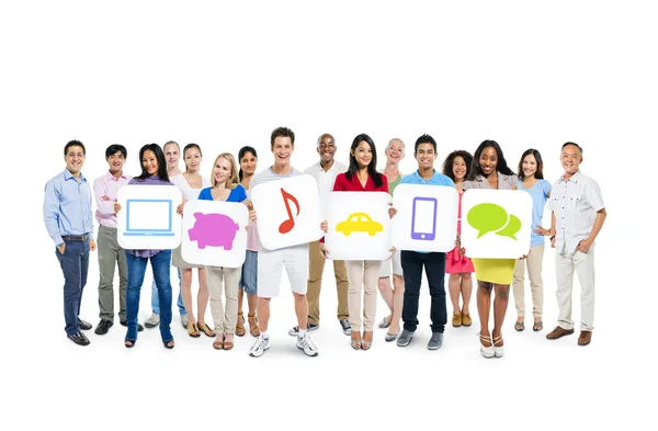 People Holding Placards With Multimedia Icons — Stock Photo, Image