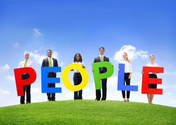 Business People Outdoors Holding Text People — Stock Photo, Image