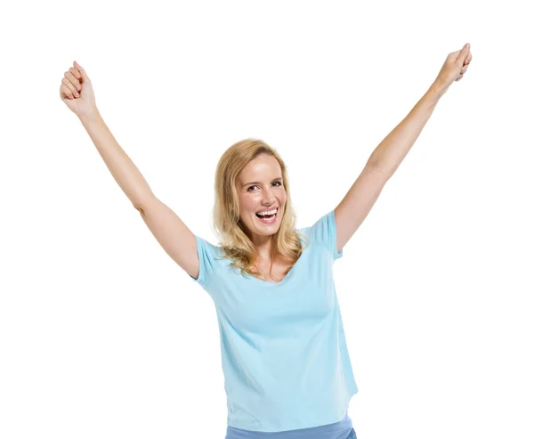 Alegre inteligente casual mujer celebrando — Foto de Stock