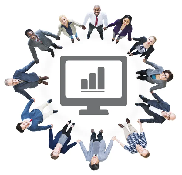 Pessoas de negócios e computador com gráfico — Fotografia de Stock