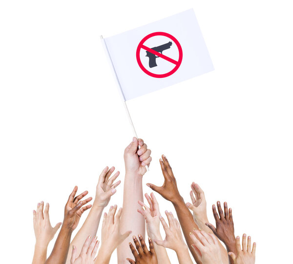 Hands and flag with weapons ban