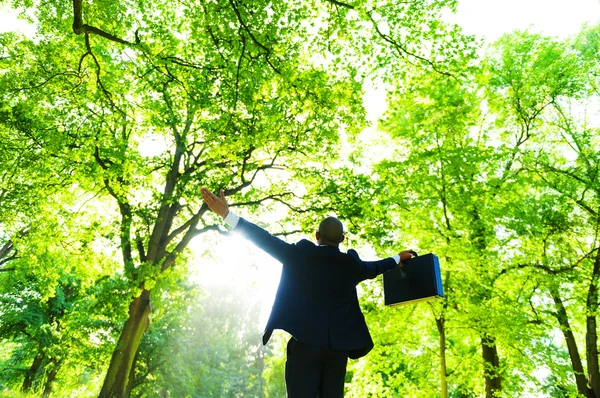 Affärsman bland träd i naturen — Stockfoto