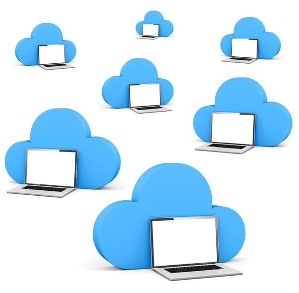 Cloud shape speech bubbles with laptops — Stock Photo, Image