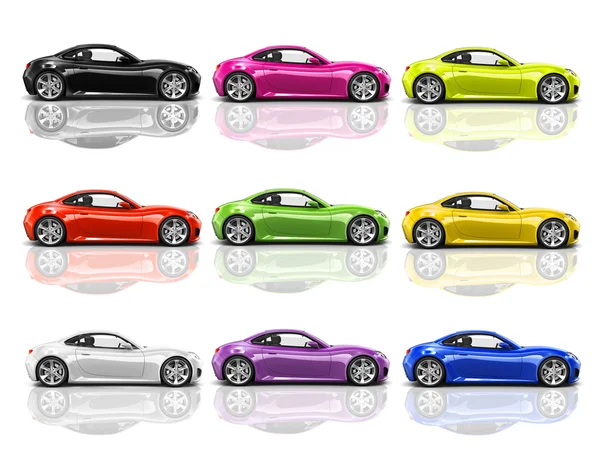 Çok renkli 3d modern arabalar — Stok fotoğraf