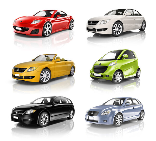 Группа разнообразных автомобилей в ряд
