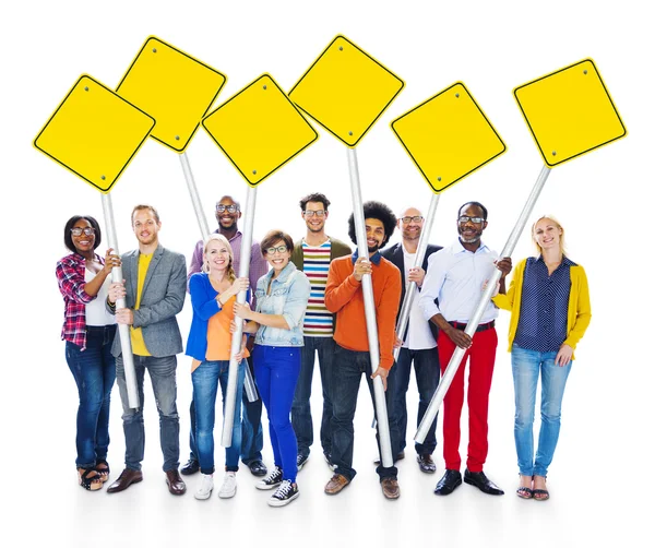 People Holding Yellow Blank Signs — Stock Photo, Image