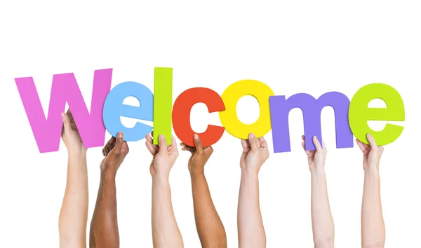Hands Holding Word Welcome — Stock Photo, Image