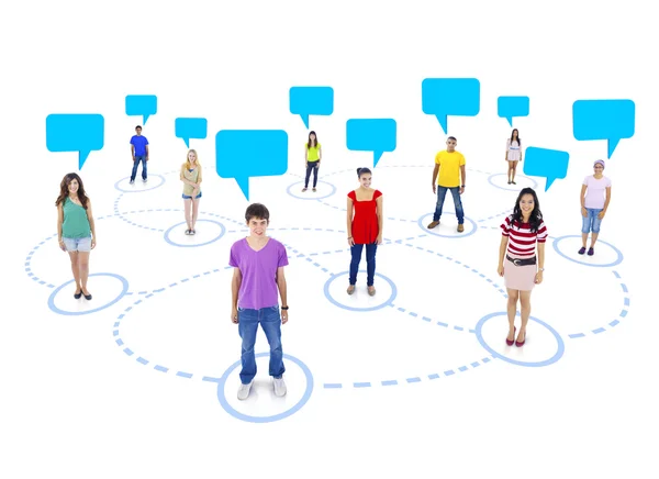 Connected Multi-Ethnic People with Empty Speech Bubbles Above — Stock Photo, Image