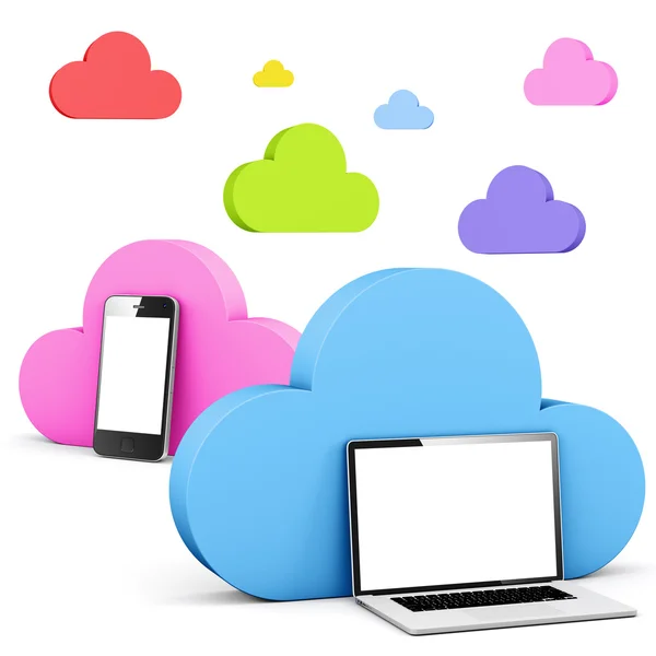 Bulut şekil konuşma balonu telefonu ve laptop ile renkli multi — Stok fotoğraf