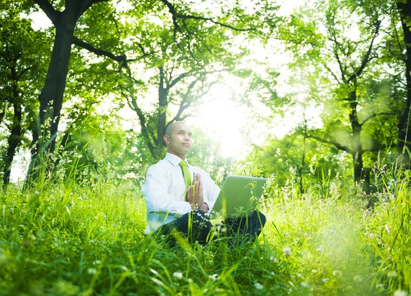 Empresario sentado en el bosque con portátil — Foto de Stock