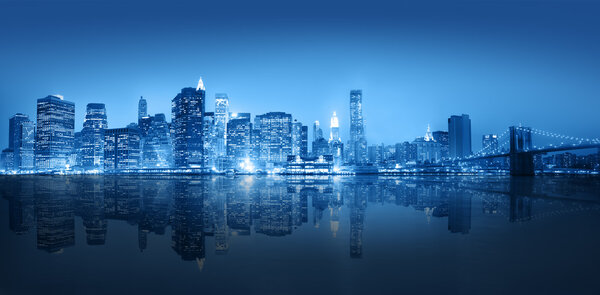 Blue themed panorama of New York city.