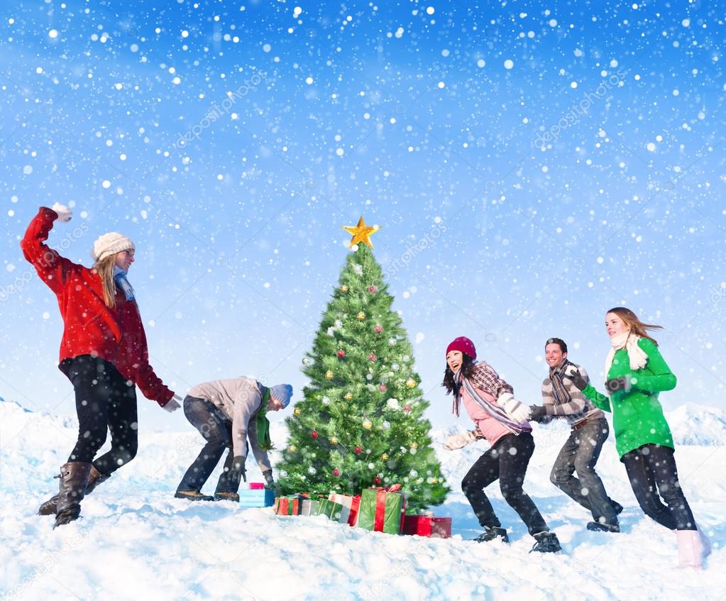 Friends having fun in snow