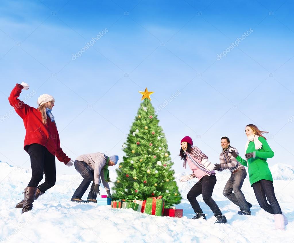 Friends having fun in snow