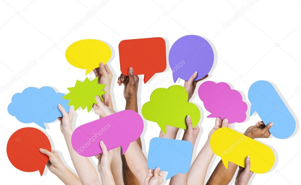 Arms Raised with Speech Bubbles