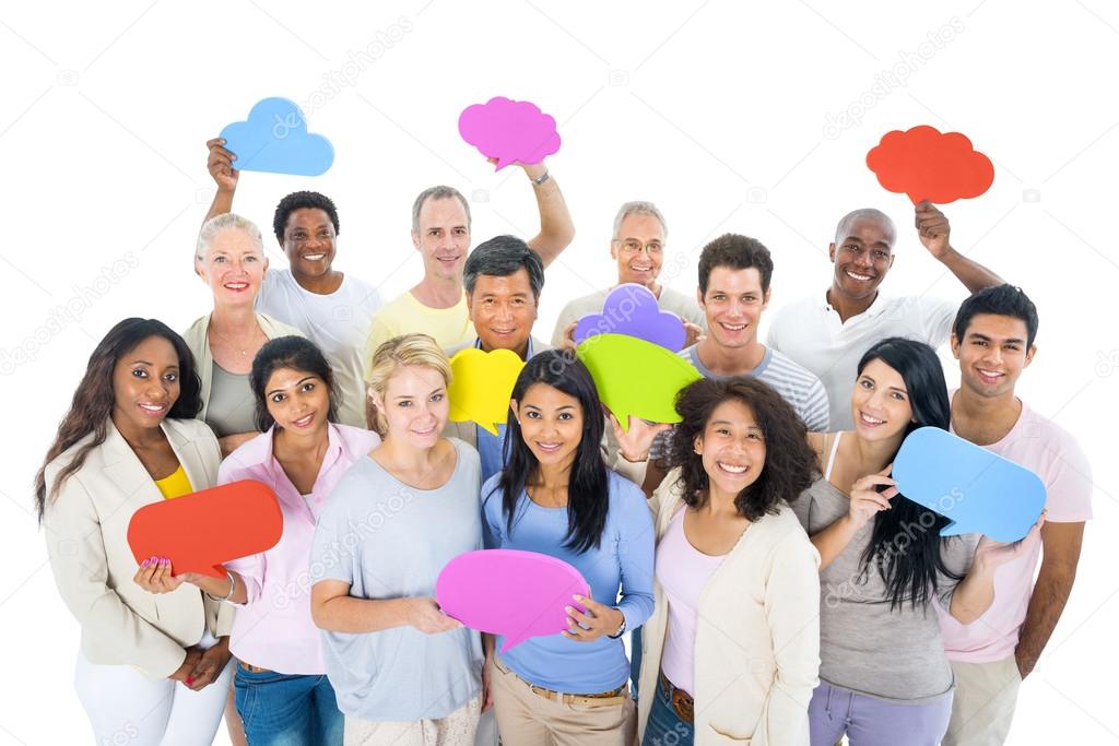 People Holding Colorful Speech Bubbles