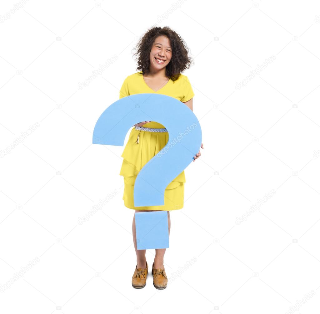 Woman Holding Blue Question Mark