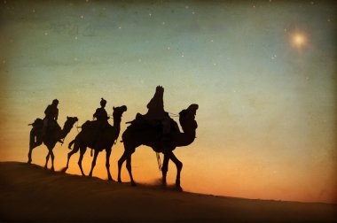 Men riding camels through desert clipart