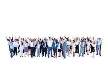 Mullti-ethnic group of business person hands up clipart