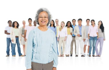 Senior adult standing out from crowd clipart