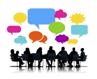 İşadamları toplantısında konuşma balonları ile