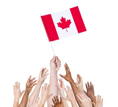 Kanada bayrağı tutan eller