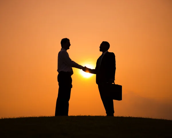 Empresários apertando as mãos na colina ao pôr do sol — Fotografia de Stock