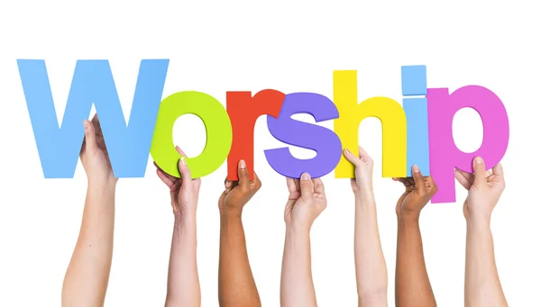 Handen met woord aanbidding — Stockfoto