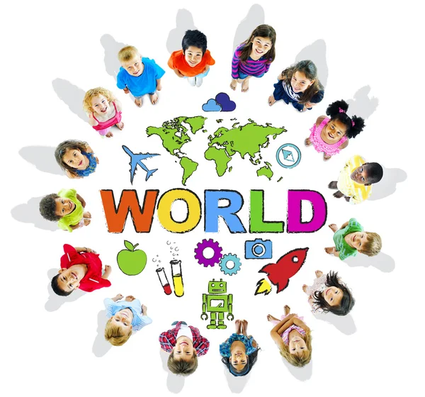 Multi-Ethnic Children with Text World and Related Symbols — Stock Photo, Image